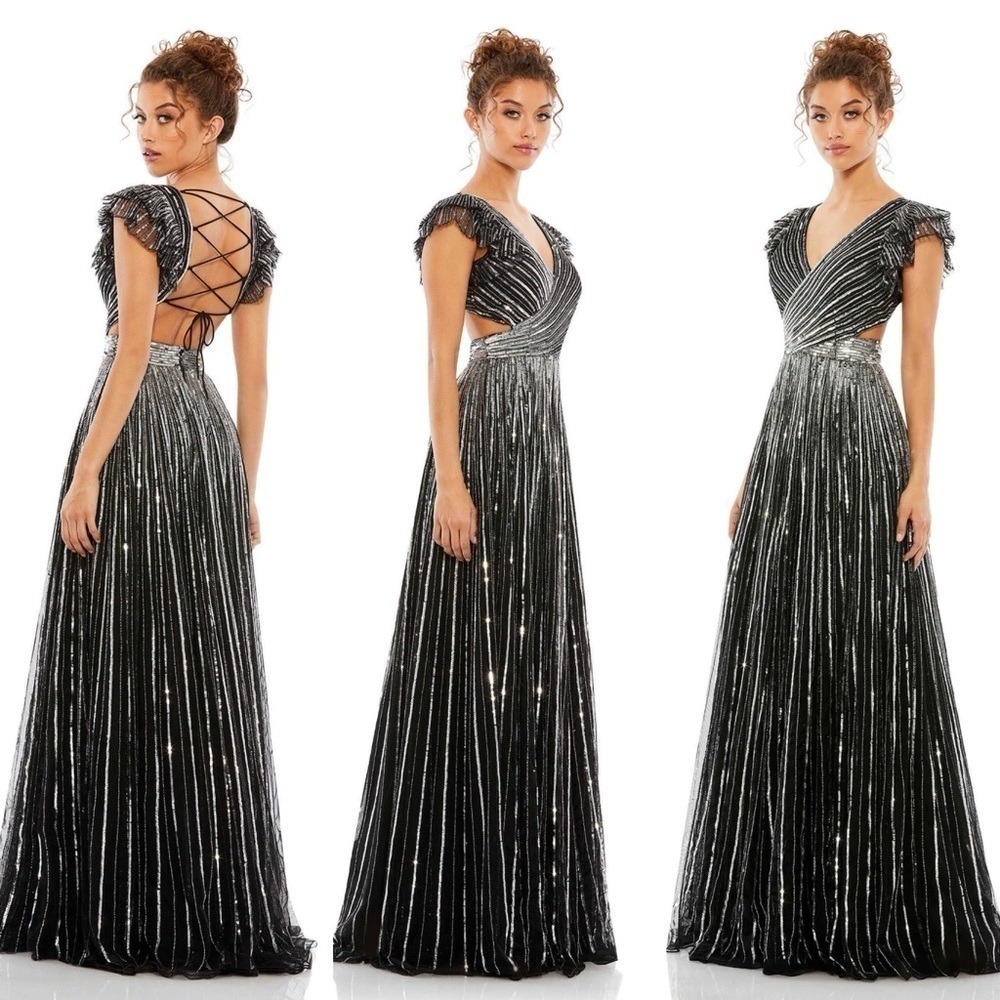 NEW $698 MAC DUGGAL 5568  BLACK SILVER SEQUINED CUTOUT V-NECK LACE UP GOWN Sz 12